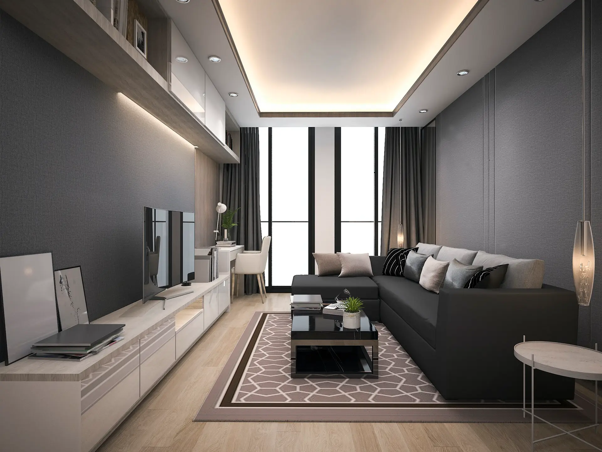 Luxury modern living room 3D render with leather sofa in a Palmerston North home, presented by Team Ants Real Estate at Professionals.