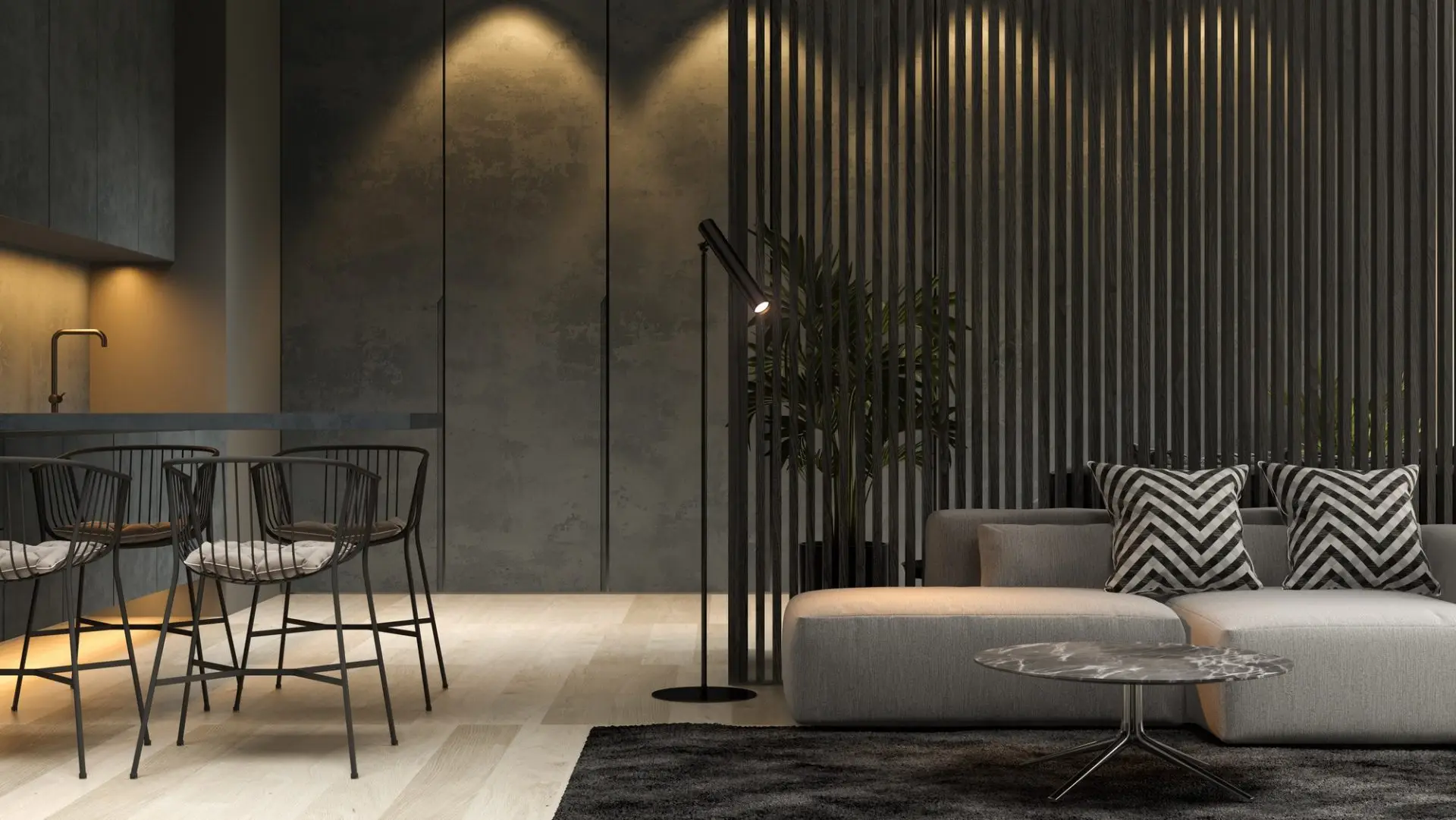 Black minimalist living room 3D rendering of a modern Palmerston North home, featured by Team Ants Real Estate.