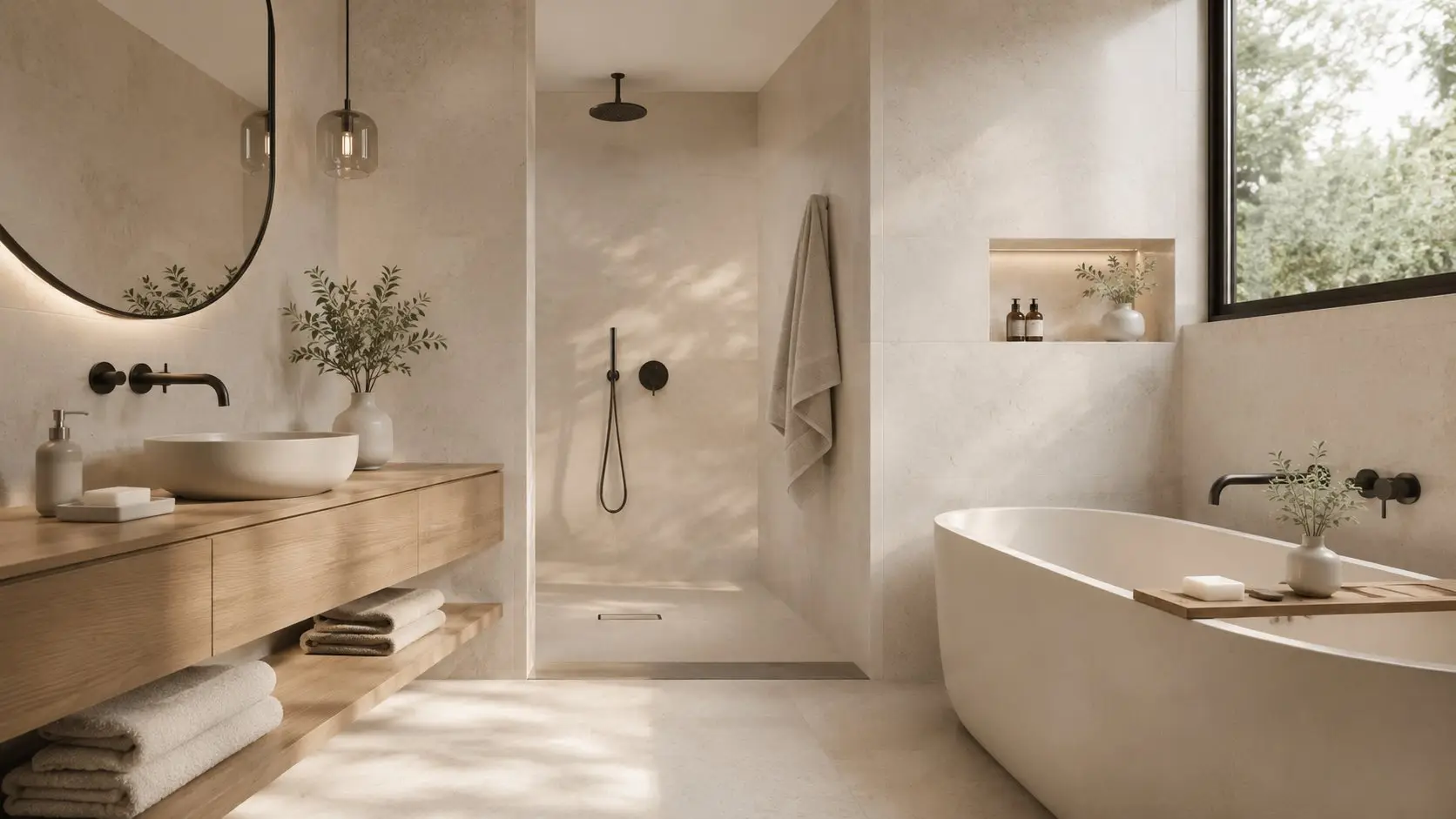 Bathroom with a freestanding tub, walk-in shower and natural stone tile, framed by a window looking onto greenery