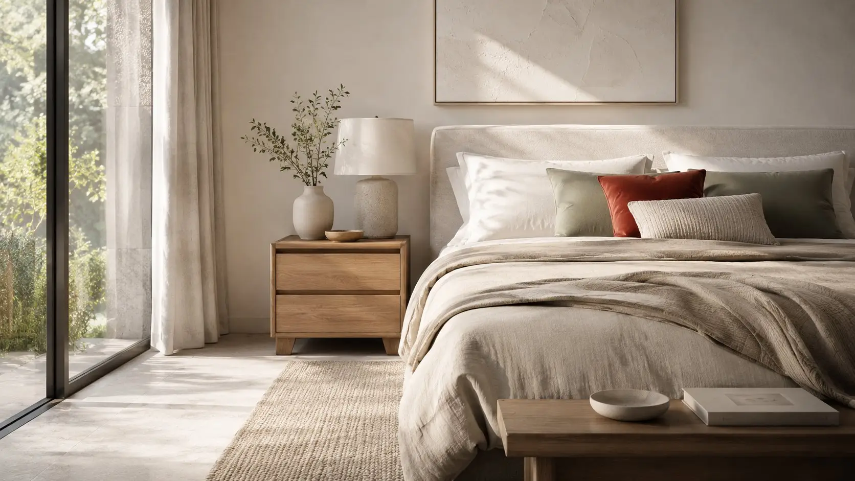 Bedroom with neutral linen bedding, a terracotta and sage cushion arrangement, and an olive branch on the nightstand