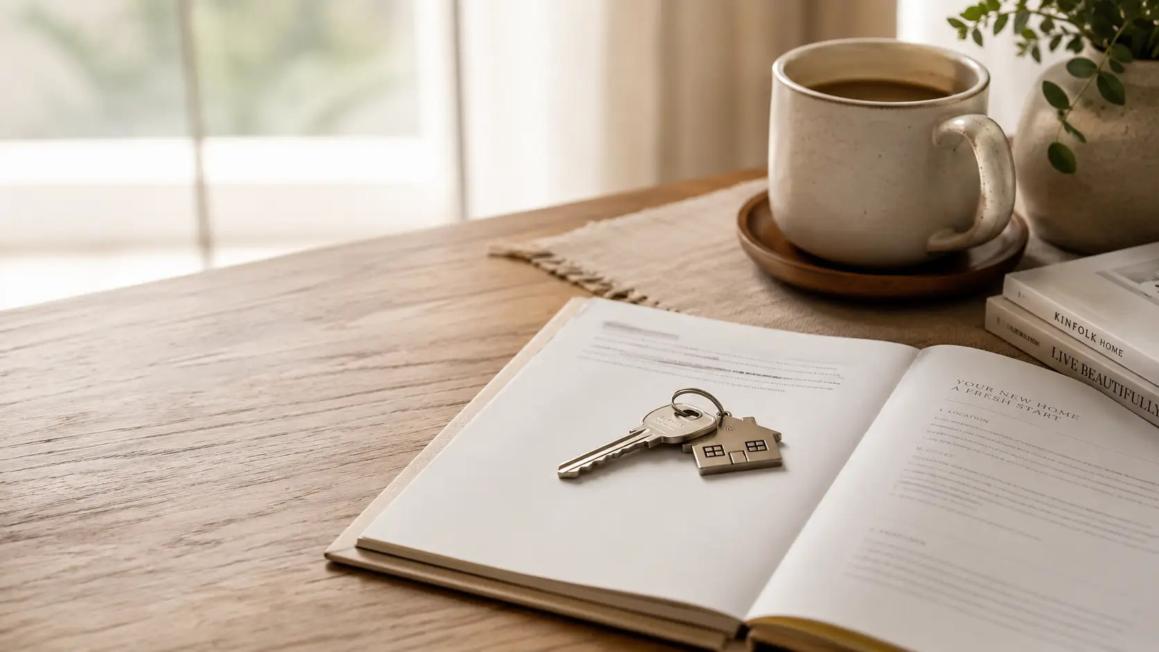 House keys on an open property guide book beside a coffee mug