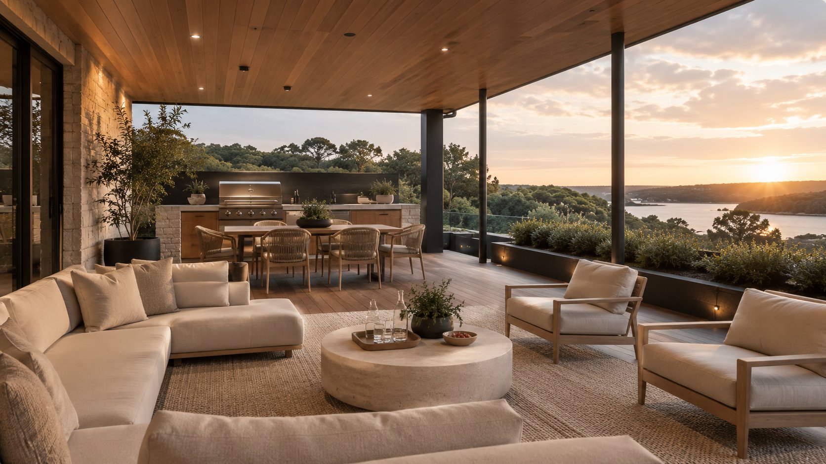 Covered outdoor kitchen and lounge area with a lake view beyond