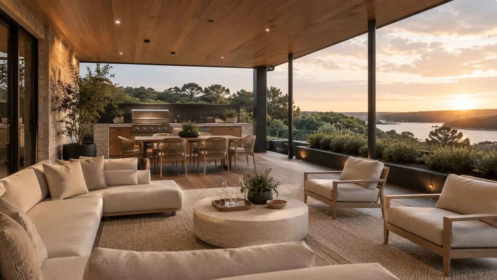 Covered outdoor kitchen and lounge area with a lake view beyond