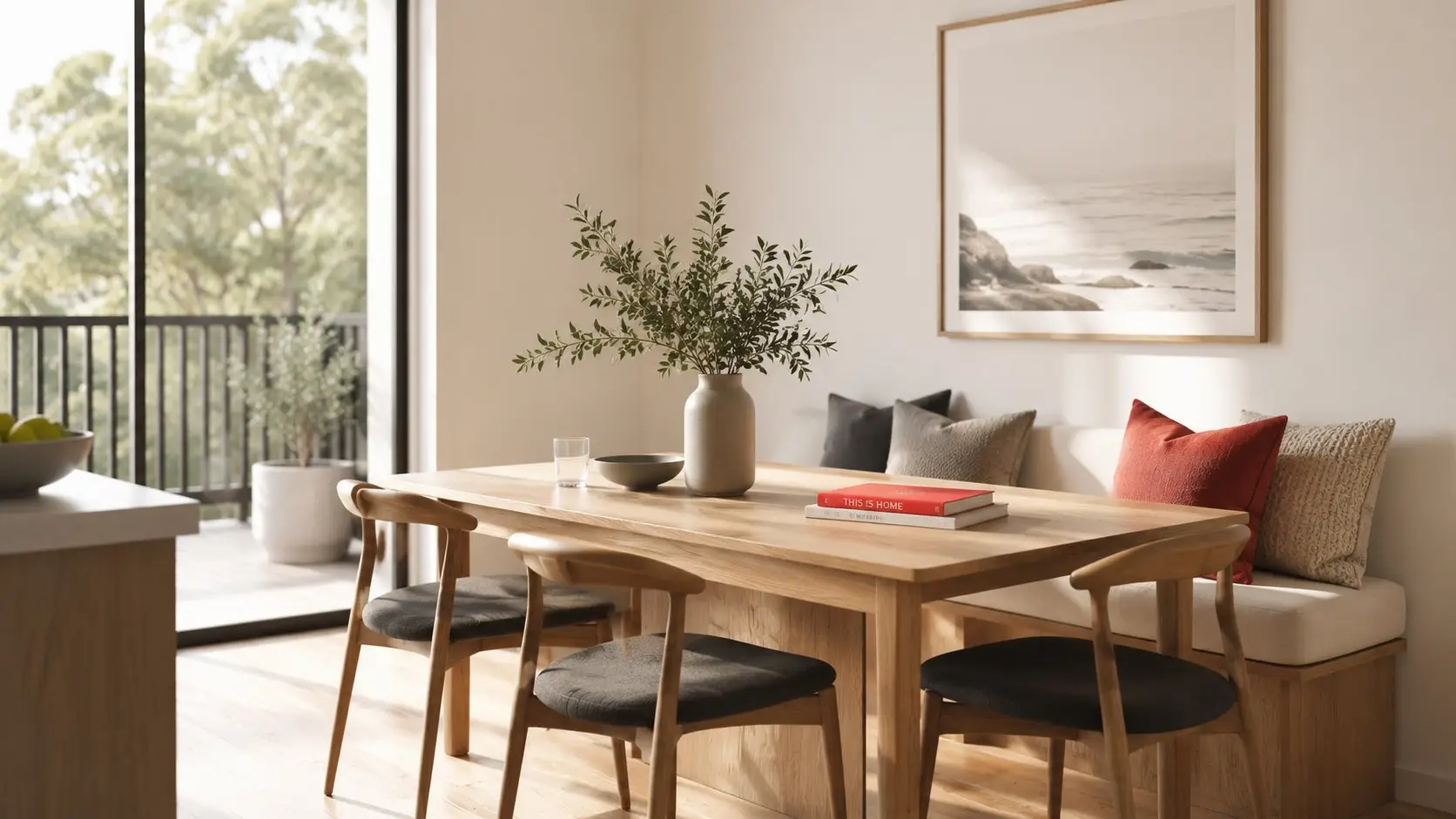 Dining nook with a built-in bench seat, cushions, a wooden table and a balcony view through floor-to-ceiling windows