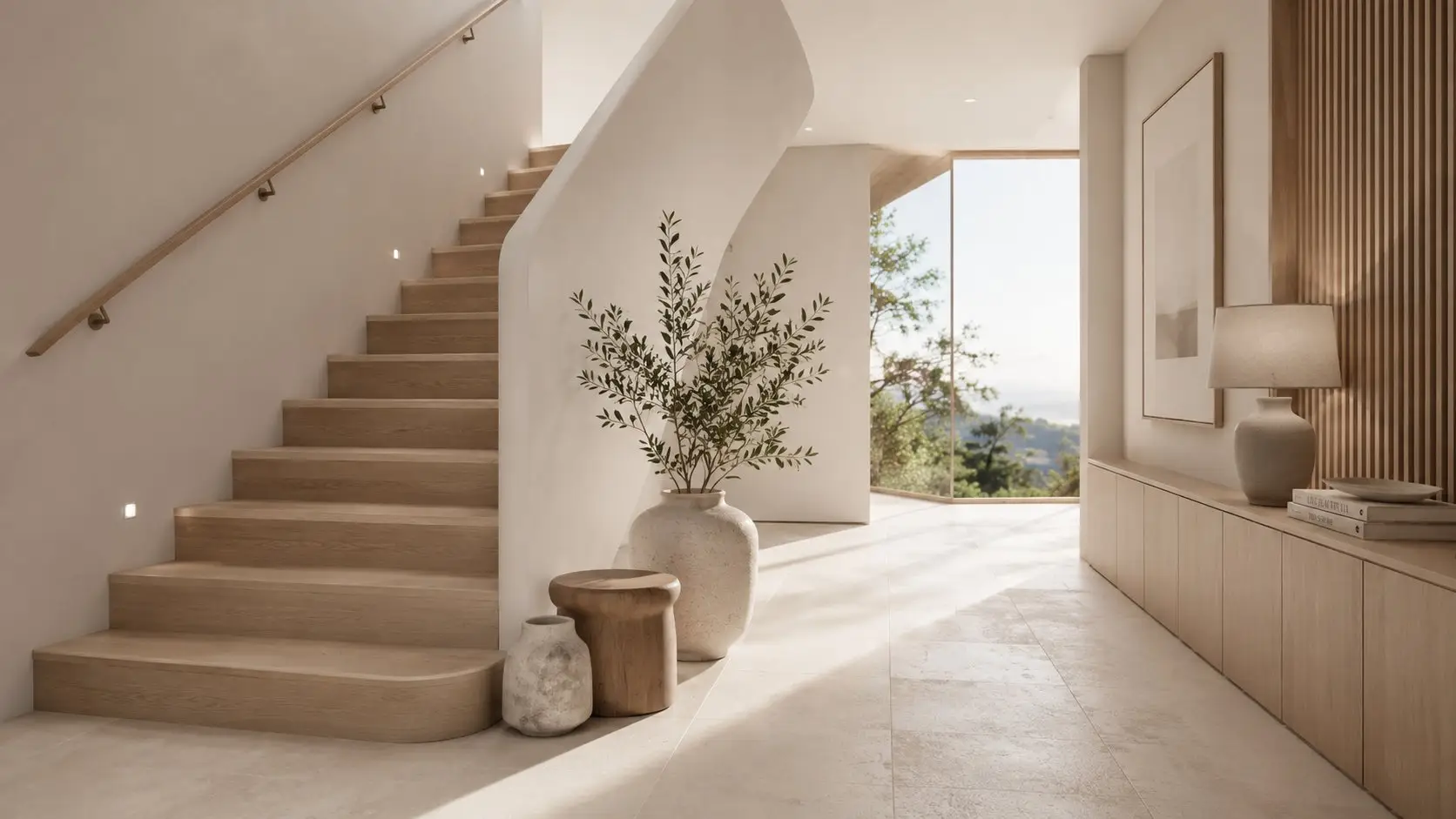 Entry hallway with a timber staircase, a large ceramic vase with an olive branch, and a built-in credenza