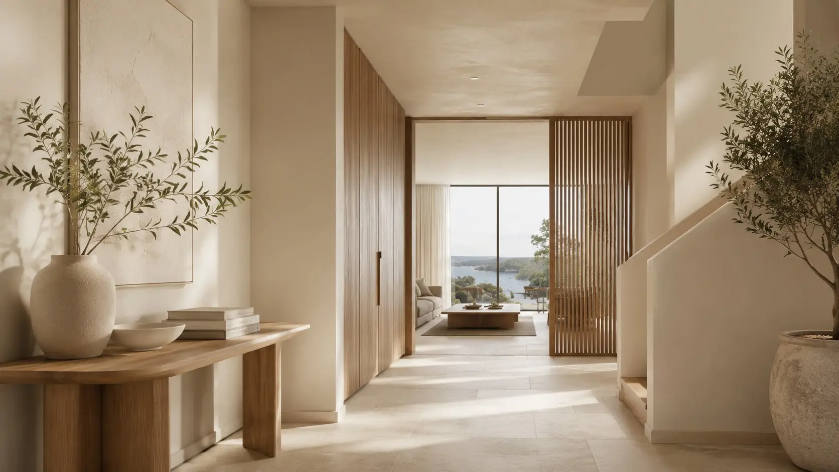 Bright entryway hallway with a console table, olive tree and a framed textured artwork, opening onto a living room with a lake view