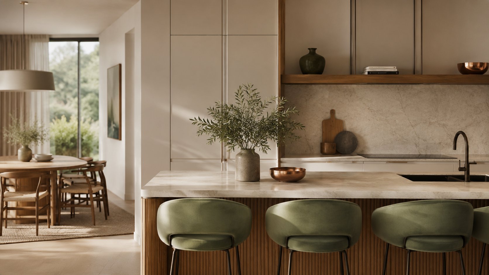 Modern kitchen island with green velvet bar stools and marble countertop