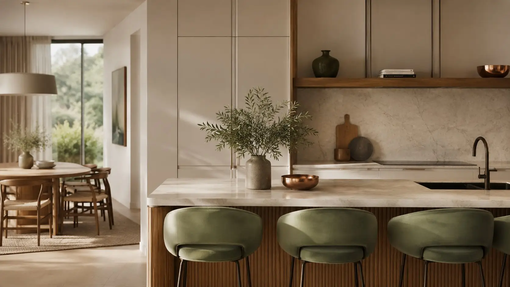 Modern kitchen island with green velvet bar stools and marble countertop