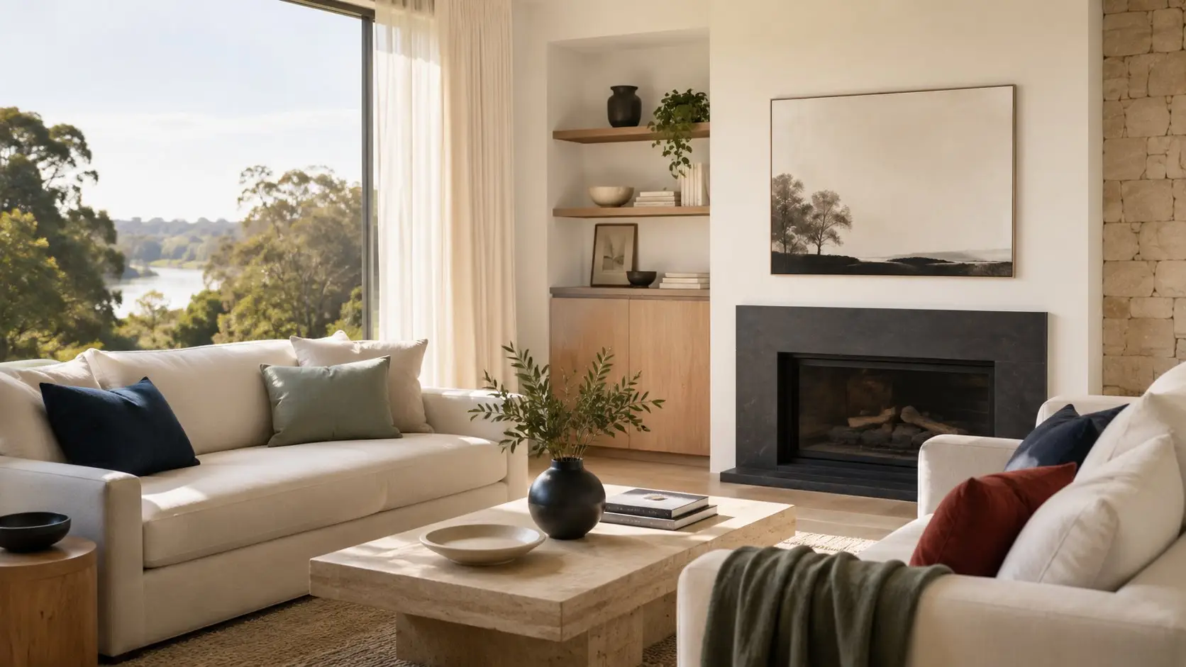 Living room with a fireplace, built-in shelving, cream sofas and a large window overlooking a river