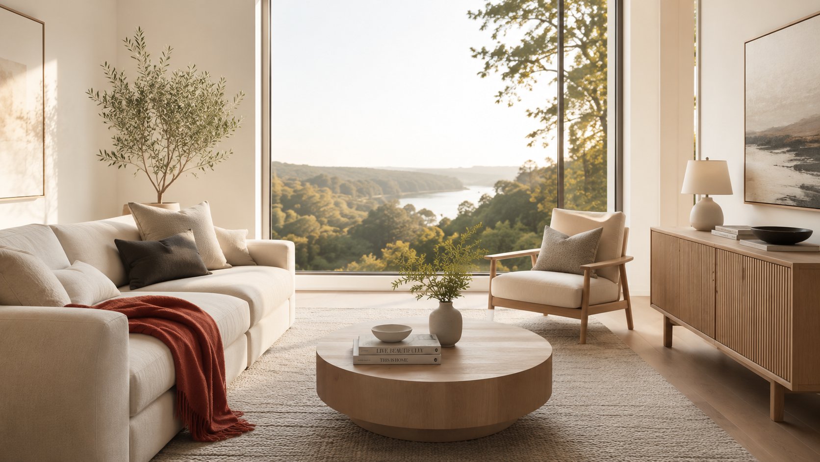 Bright living room with a large picture window overlooking forest and a river