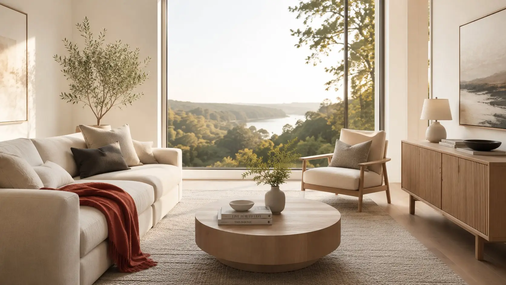 Bright living room with a large picture window overlooking forest and a river