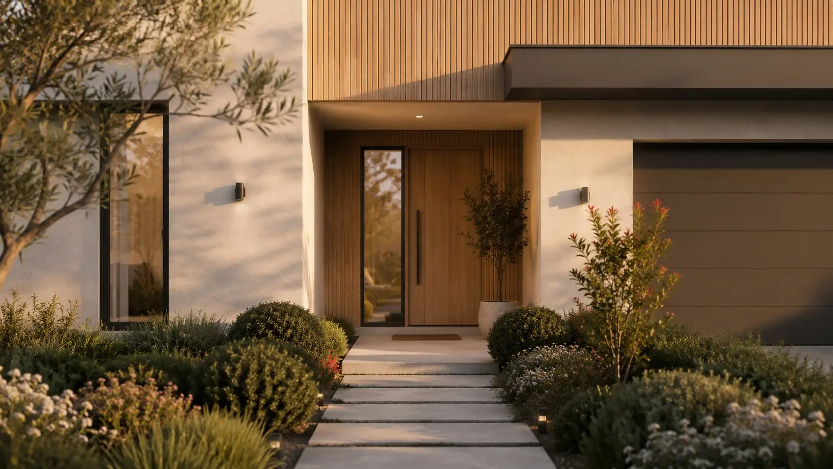 Modern new-build home's front entrance at dusk with timber cladding and garden path