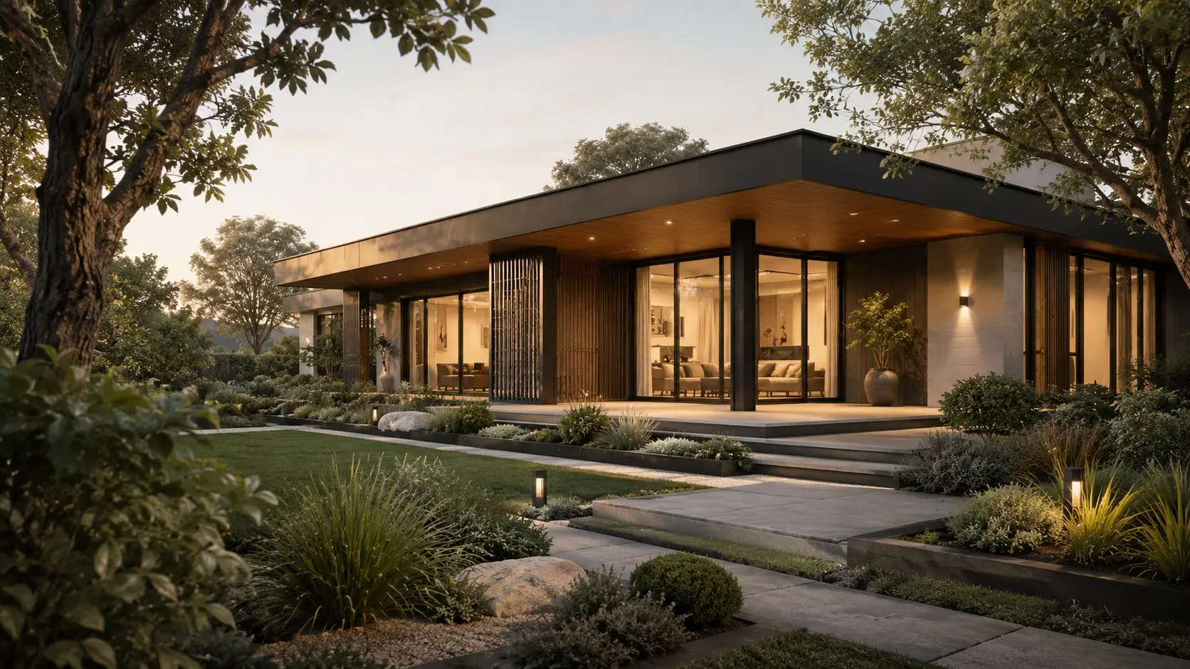 Modern house exterior at dusk with landscaped garden