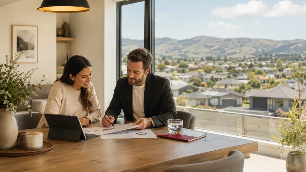 A couple reviewing property market documents at home in Palmerston North