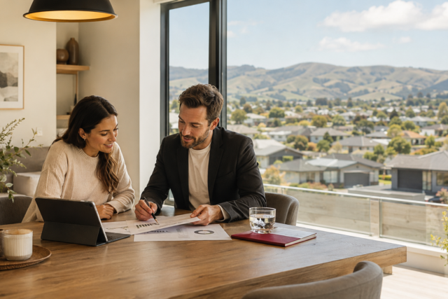 A couple reviewing property market documents at home in Palmerston North