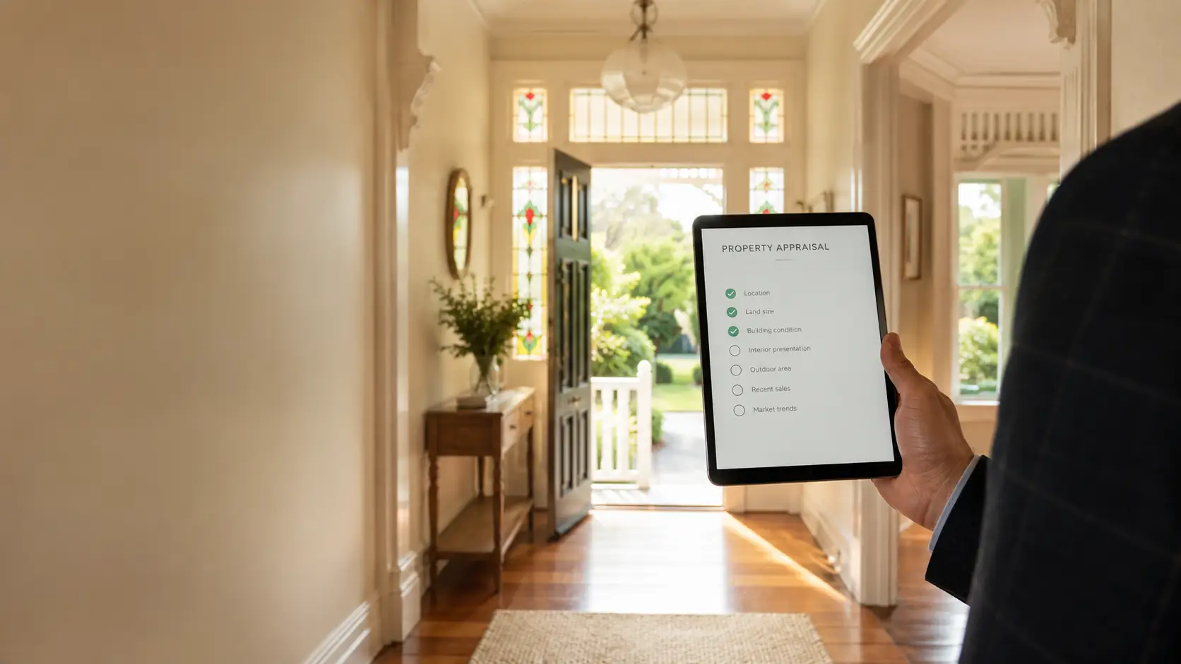 Property appraisal checklist on tablet in a home entrance