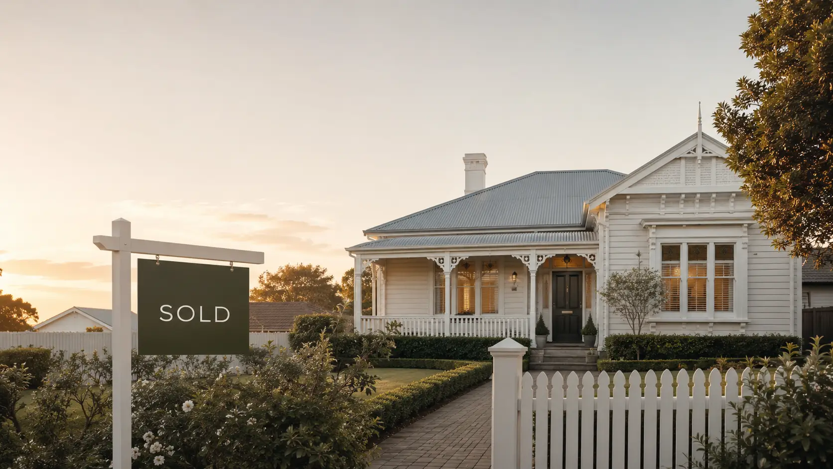 Sold sign in front of a classic home at sunset