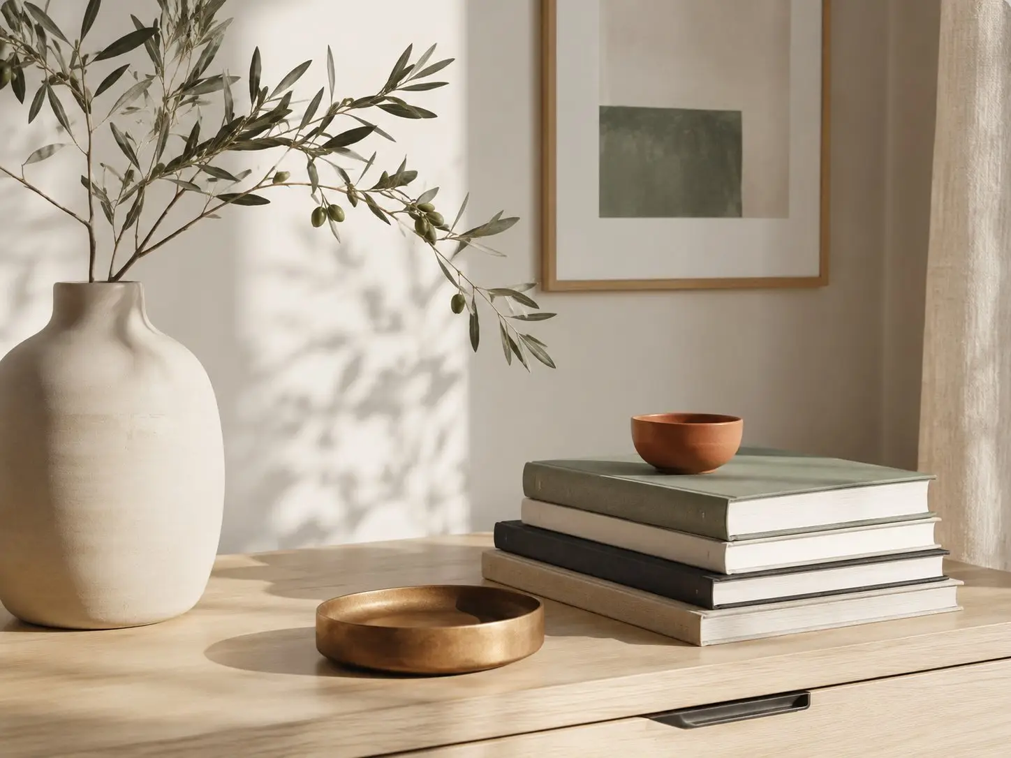 Close-up of an olive branch in a ceramic vase beside a stack of books and a small terracotta bowl