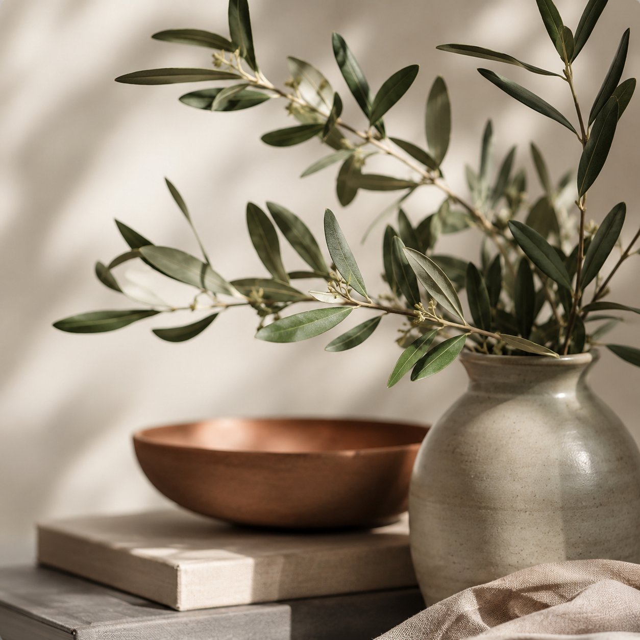 Close-up of an olive branch in a stoneware vase next to a copper bowl