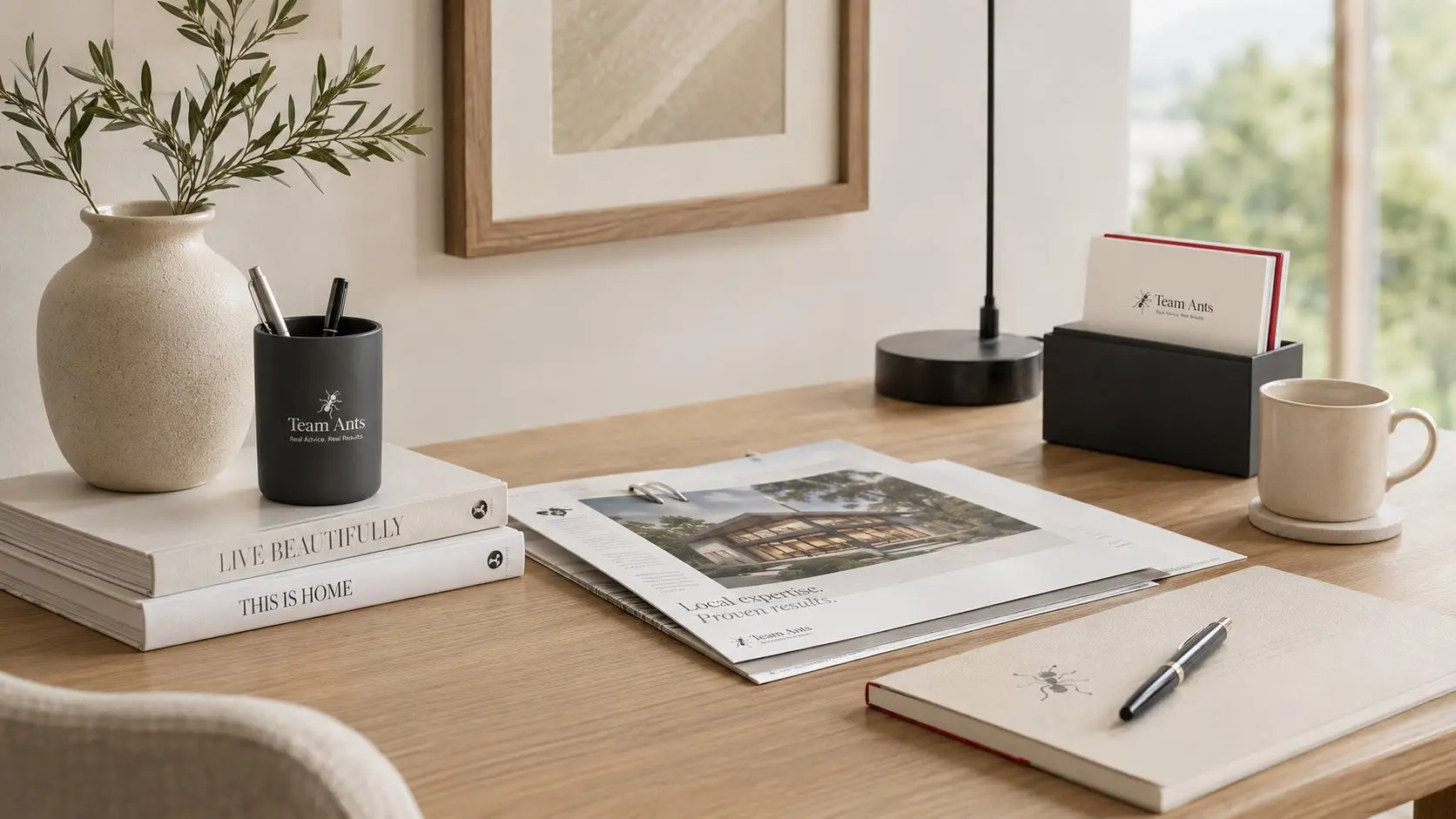 Desk styling shot with a Team Ants, Real Advice, Real Results branded mug, notebook and business card box, beside an open magazine spread showing a Local expertise. Proven results. property ad