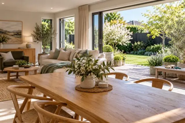 Light-filled living and dining room opening onto a tidy spring garden